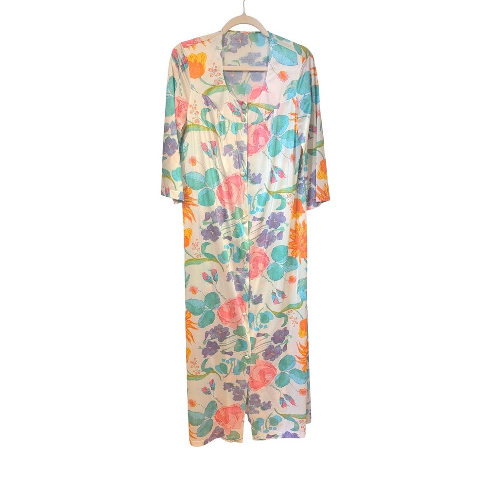 Vintage 70s Watercolor Floral Hostess Gown Maxi Dress Button Front Lounge Robe S - Picture 7 of 7
